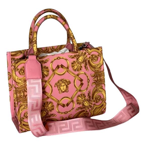 NEW VERSACE women's pastel signature print small canvas tote bag in pink